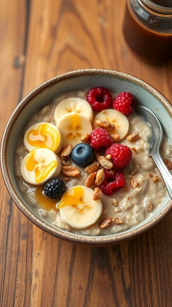 A cozy bowl of oatmeal with banana, berries, and nuts, drizzled with honey on a wooden table.